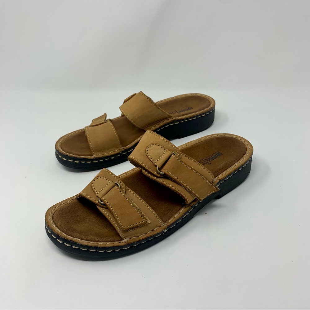 Minnetonka Double Leather Strap Slide On Sandals Shoes Women Size 8 Vacation